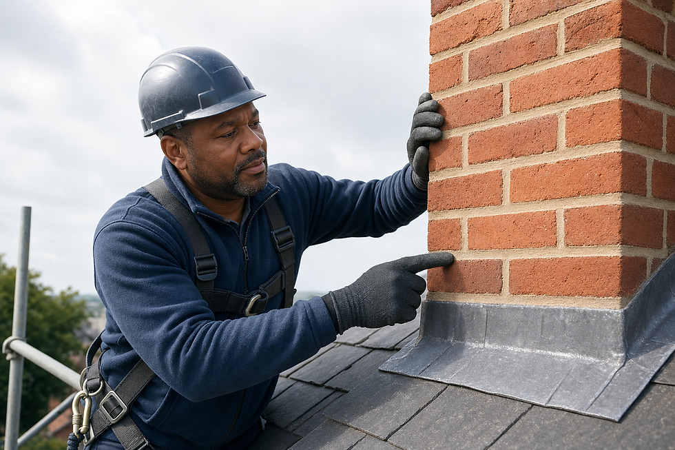 A construction worker in a safety harness inspects brickwork on a rooftop chimney.