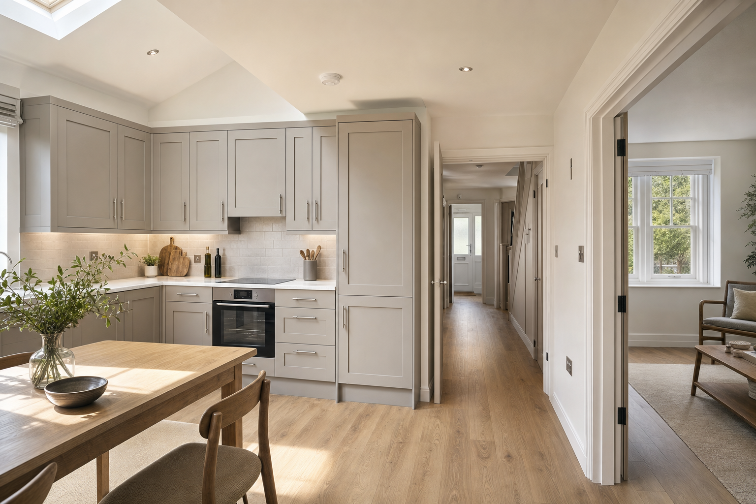 Modern kitchen with beige cabinets, wooden flooring, and a dining table, leading to a hallway and a living room.