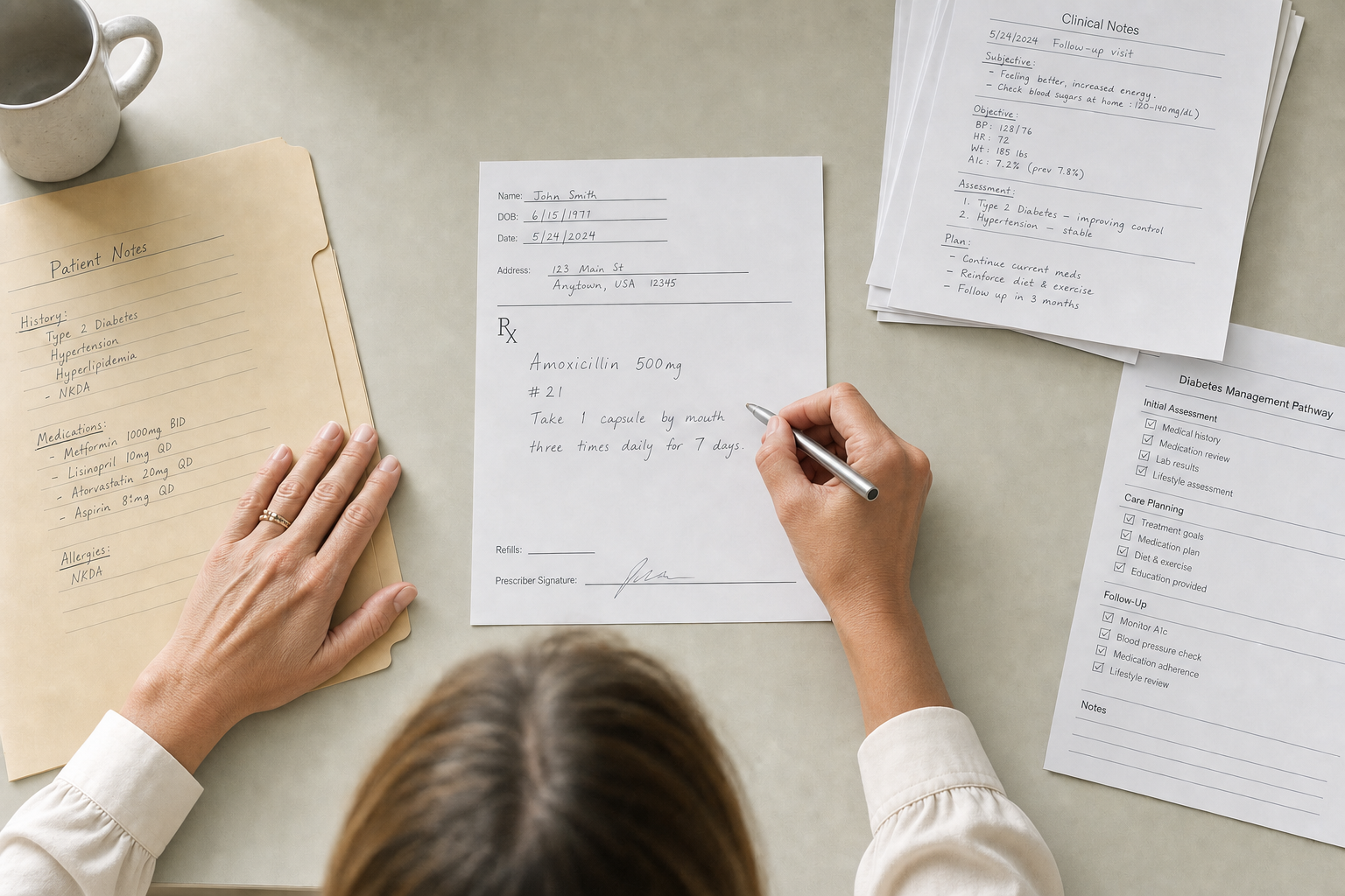 Person writing a prescription at a desk with medical notes and patient information.