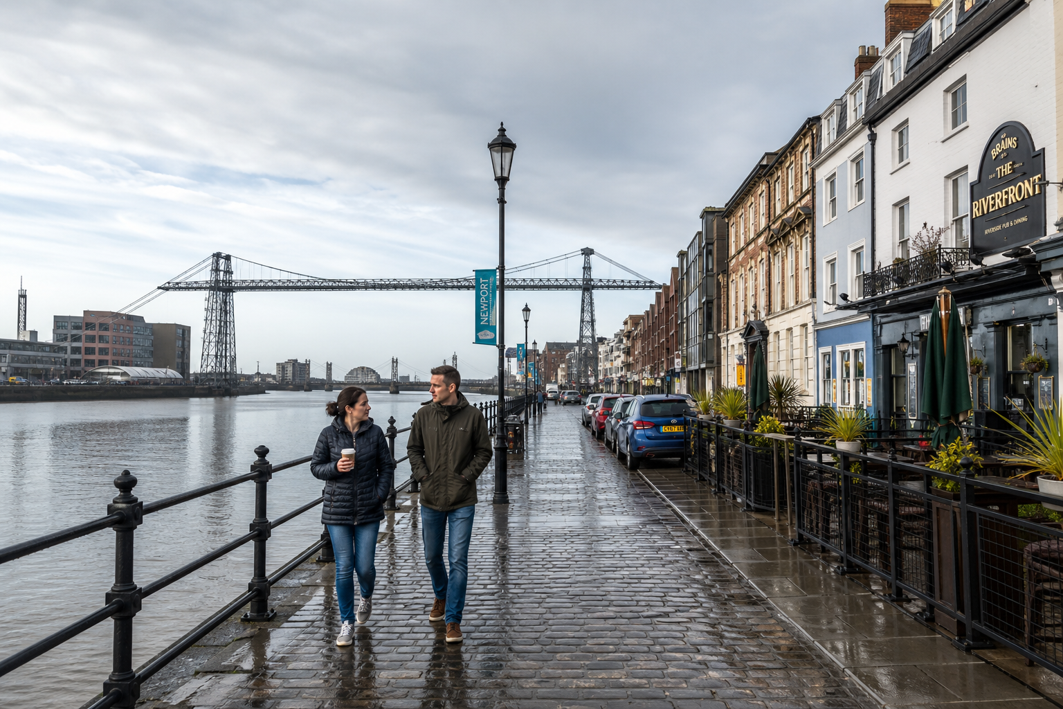 Two people walking along a riverside promenade with a bridge in the background.