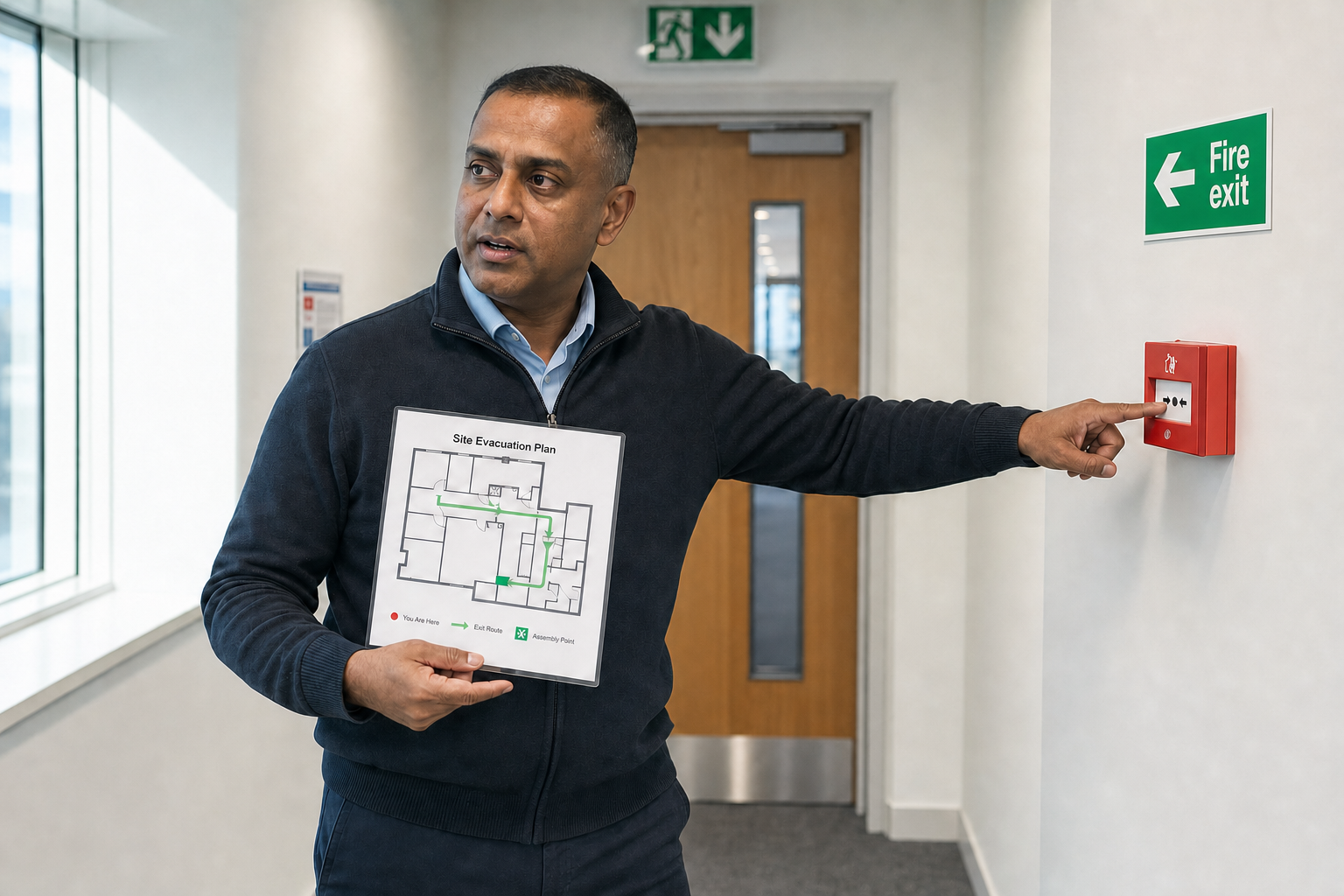Man holding a site evacuation plan points to a fire alarm in a hallway near a fire exit sign.