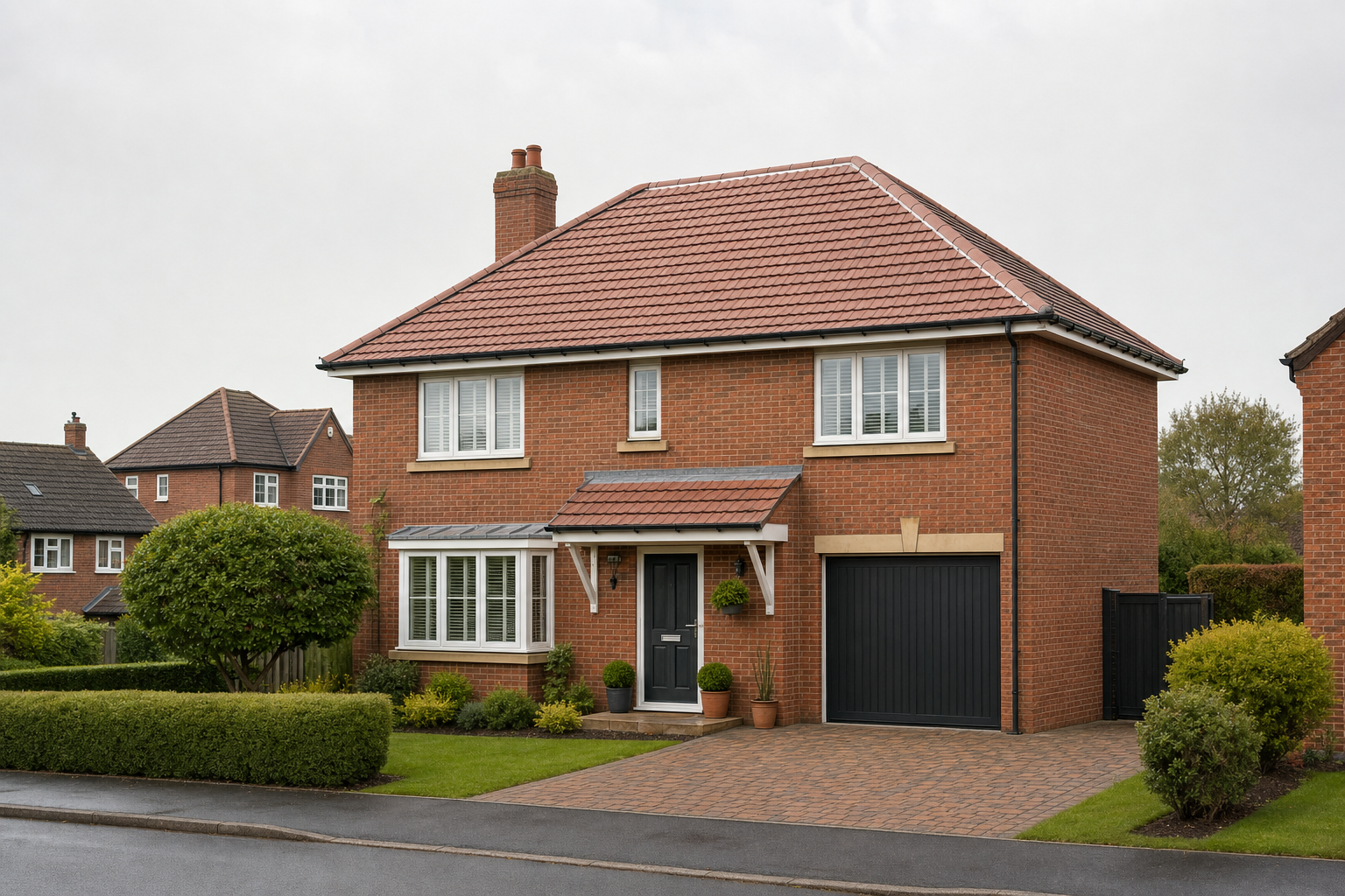 Modern red-brick house with a tiled roof, black garage door, and landscaped front garden in a suburban neighbourhood.