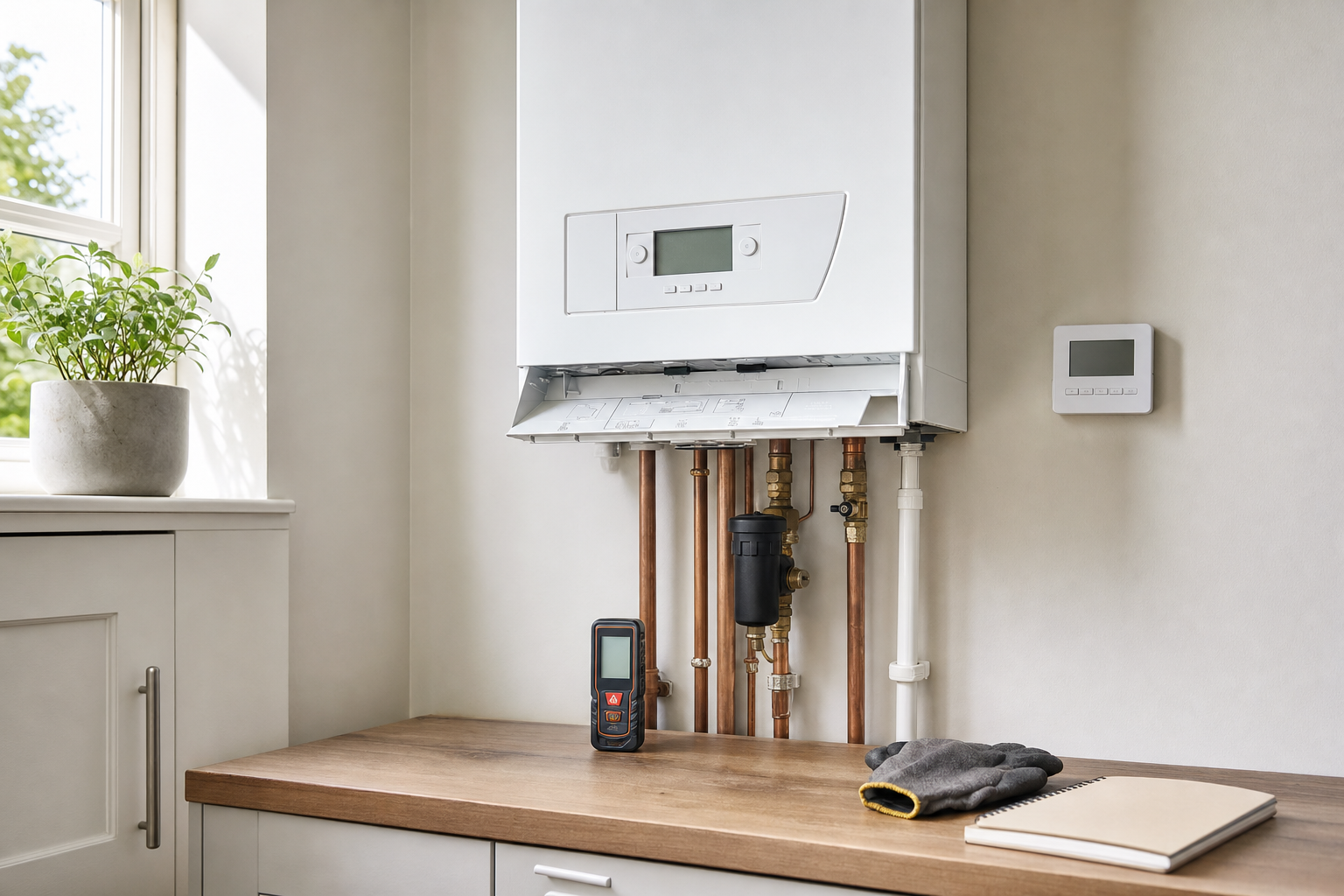 A modern boiler system with copper pipes, a digital thermostat, a plant, and a notebook on a wooden surface.