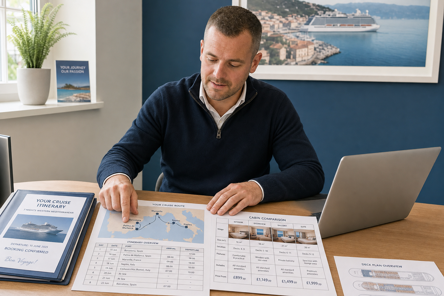 A man sits at a desk reviewing cruise itinerary documents with a laptop nearby.
