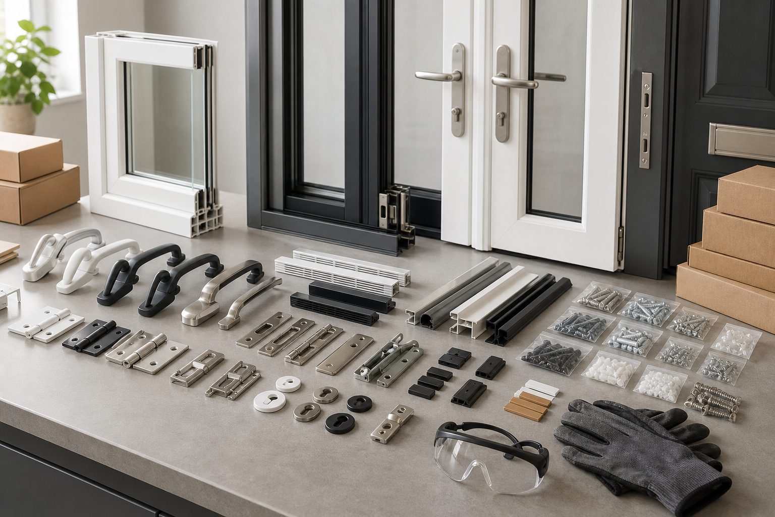 A variety of door and window hardware components are neatly organized on a countertop.