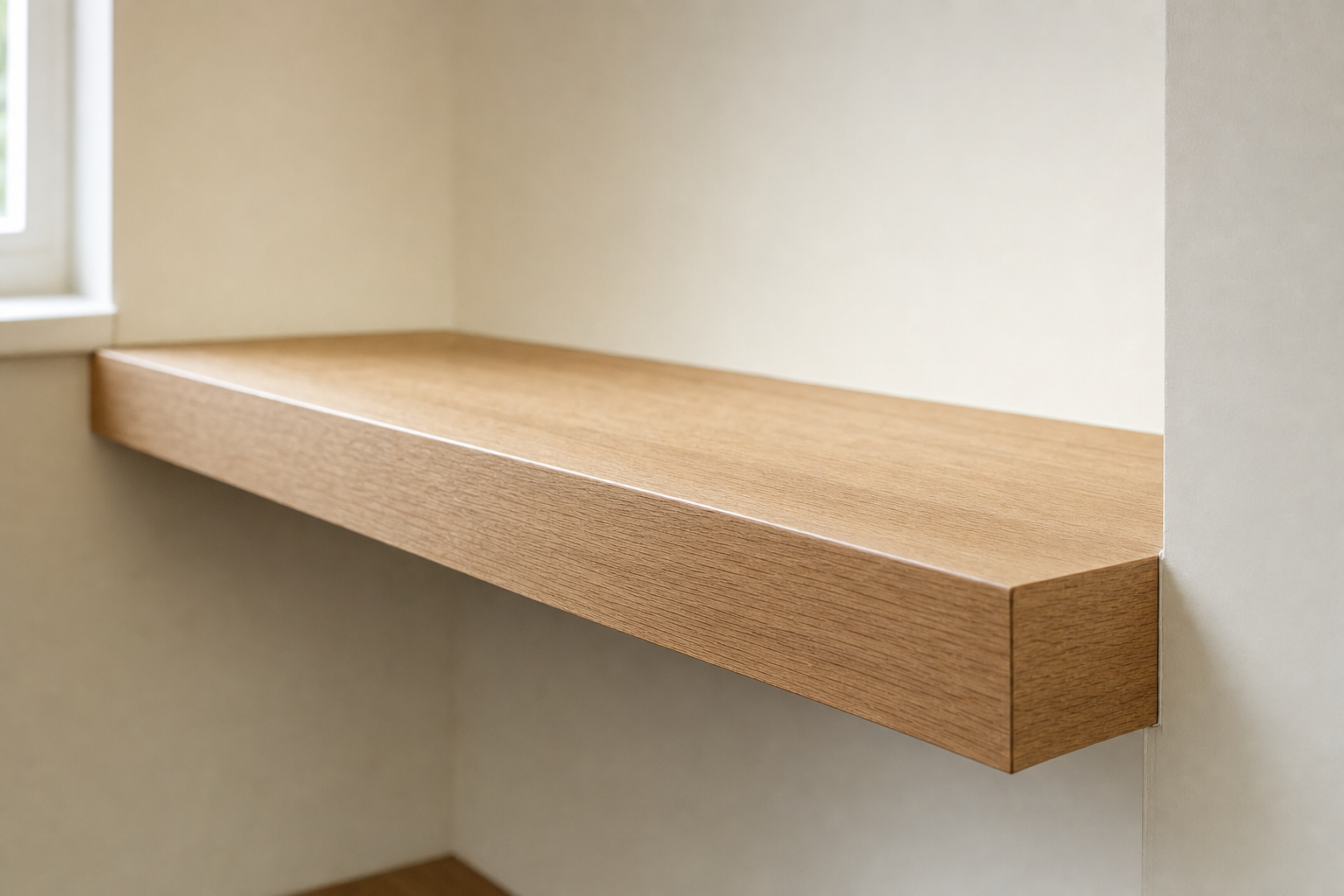 Wooden floating shelf against a light-coloured wall next to a window.