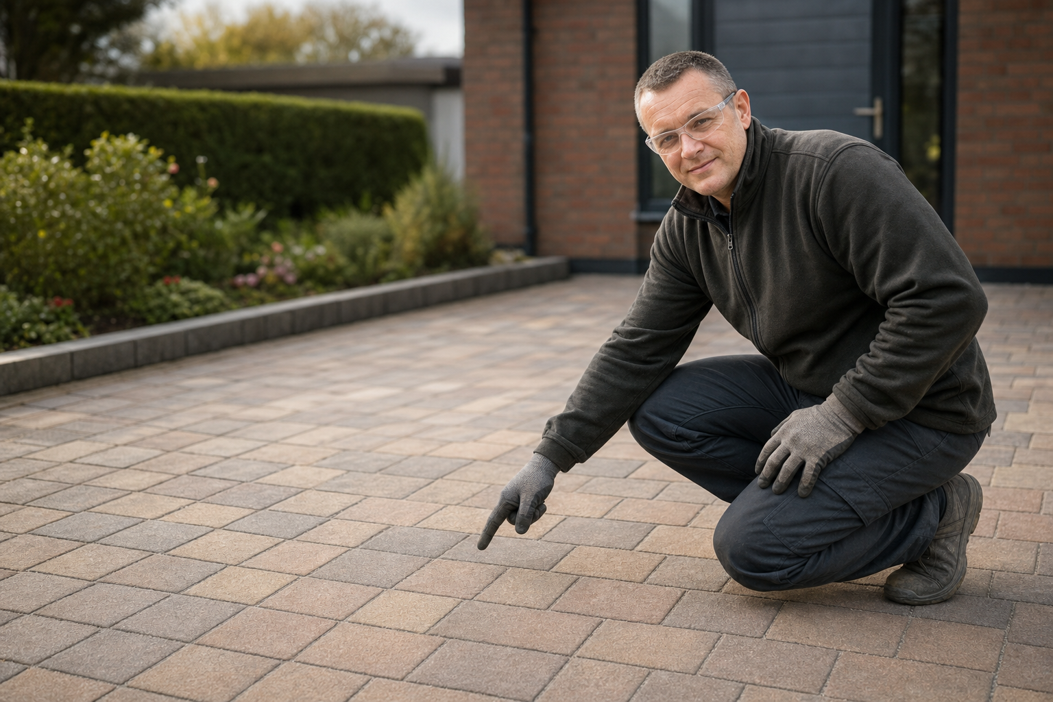 A man in gloves pointing at a paved driveway outside a house, with a garden in the background.