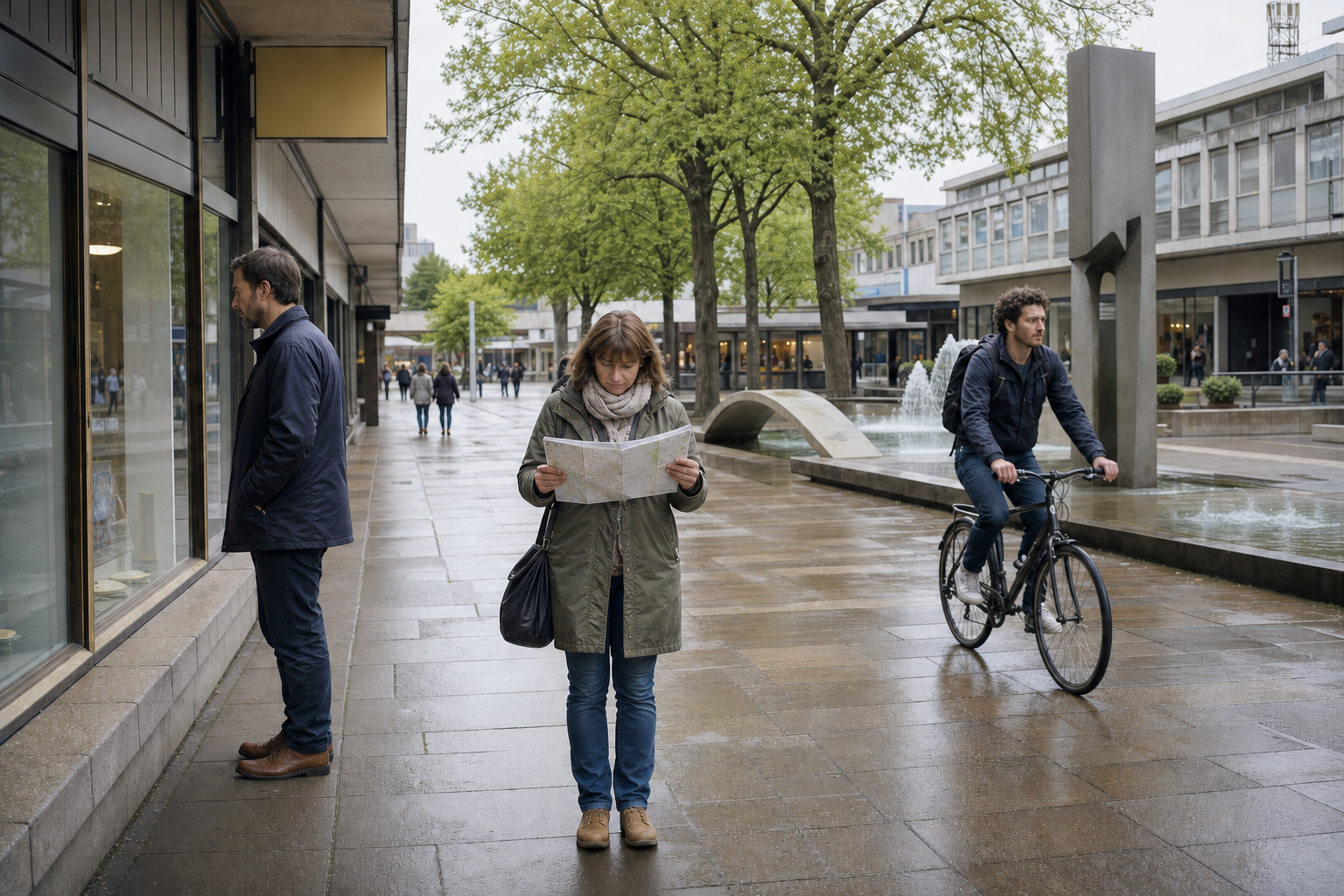 A woman reads a map on a city street with a man window shopping and another cycling nearby.