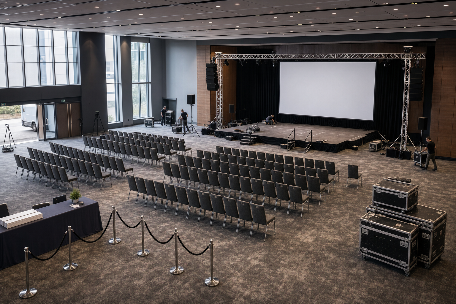 An empty conference hall with rows of chairs facing a stage and technicians setting up audio equipment.
