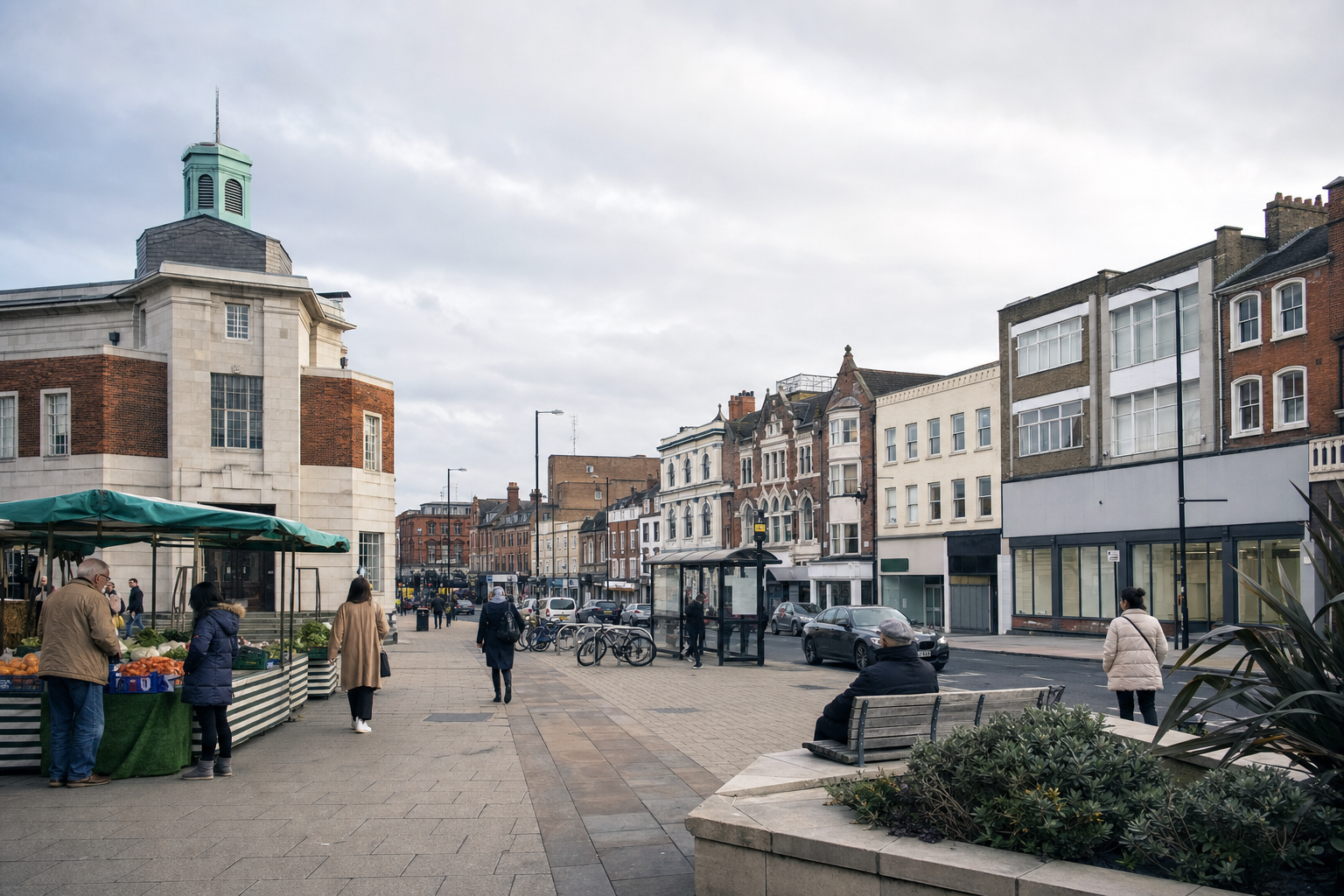 A bustling street scene with people walking and shopping at a market stall near a large brick and stone building.