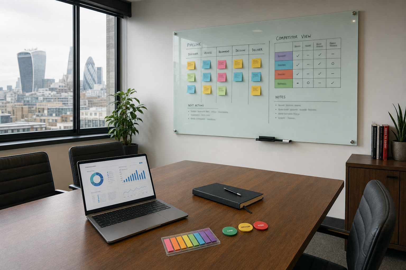 Conference room with a view of the London skyline, featuring a laptop displaying graphs and a whiteboard with sticky notes.
