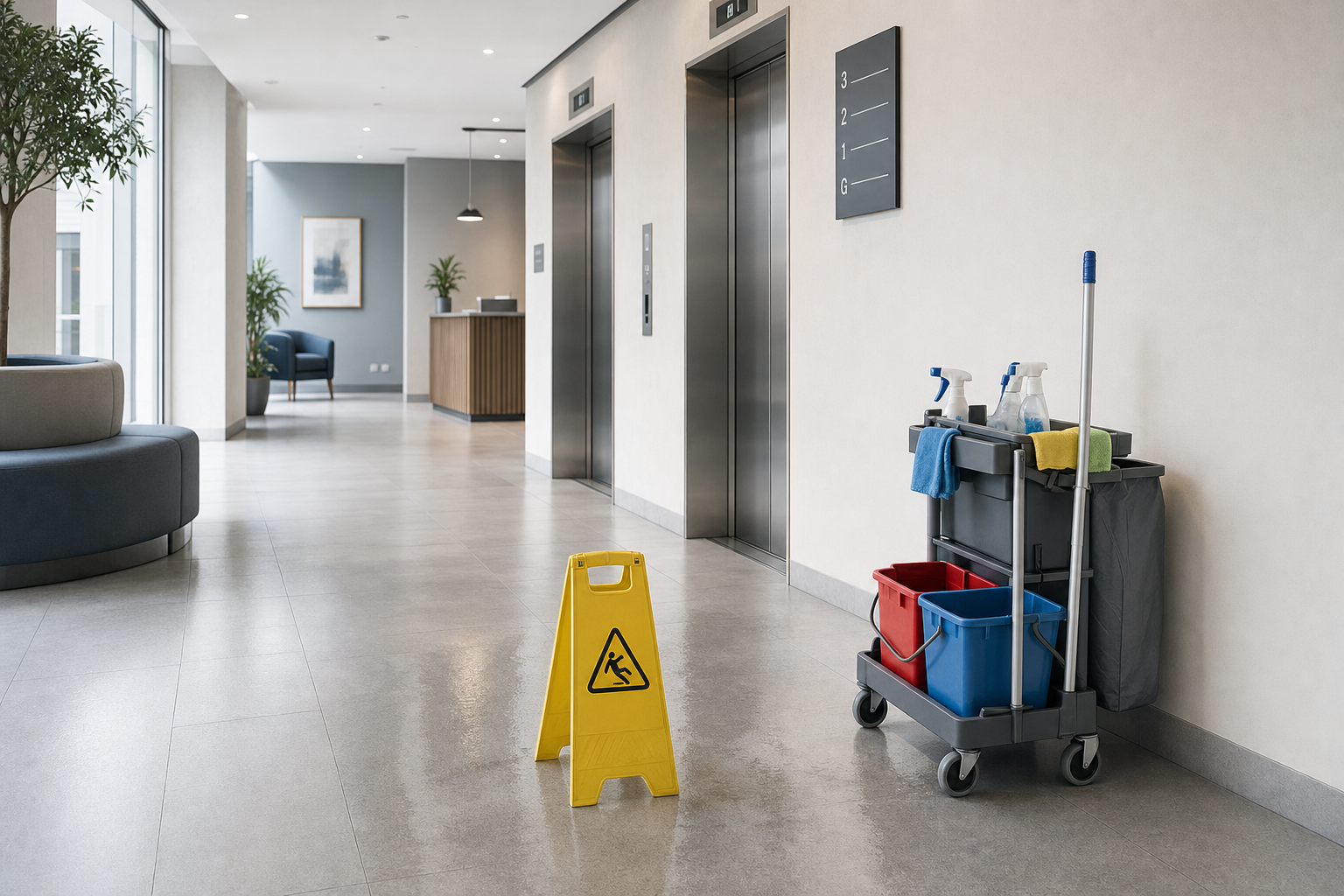 A cleaning cart and a wet floor sign stand in a modern office lobby near the lifts.