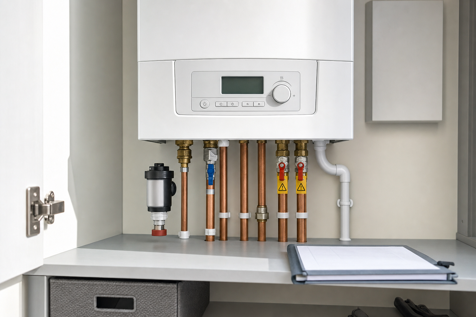 Modern white boiler with visible copper pipes installed in a cupboard with a notepad on the shelf.