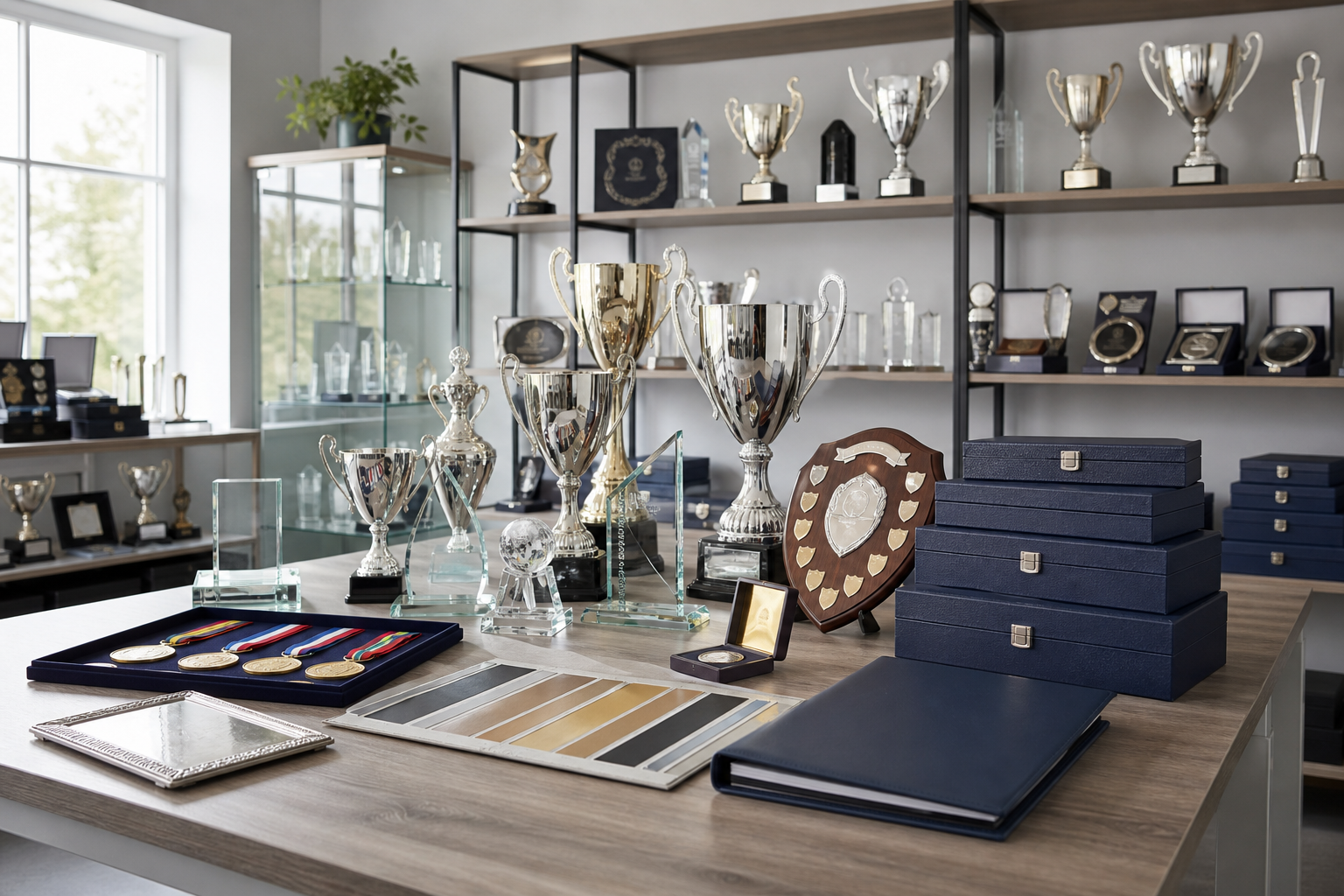 A display room filled with trophies, medals, and award boxes on shelves and a table.