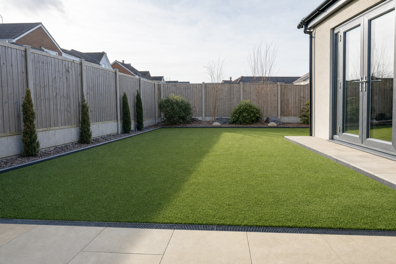 A modern garden with an artificial lawn, bordered by wooden fences and small conifer trees.