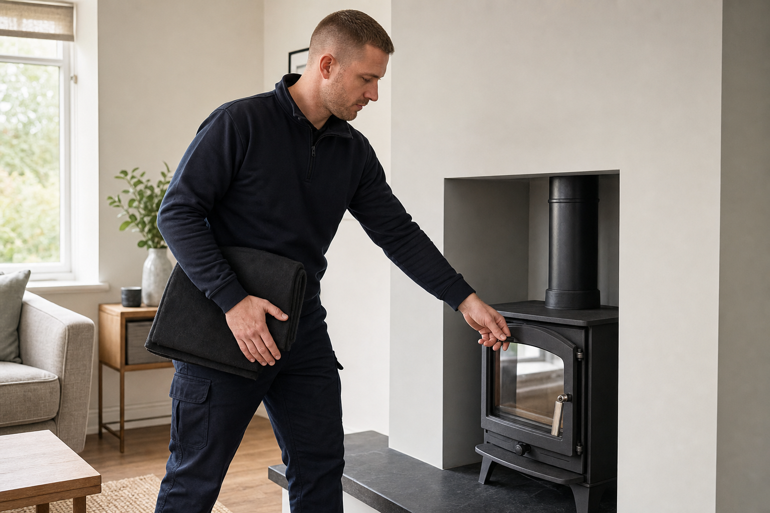 A man in a dark outfit opens a black wood-burning stove in a modern living room.
