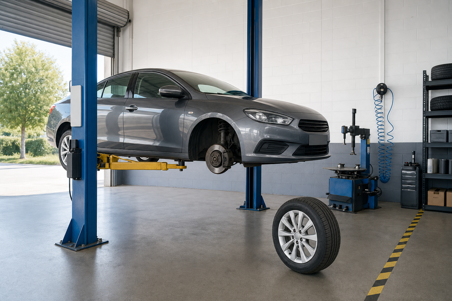 Grey car on a hydraulic lift in a garage with a removed tyre beside it.