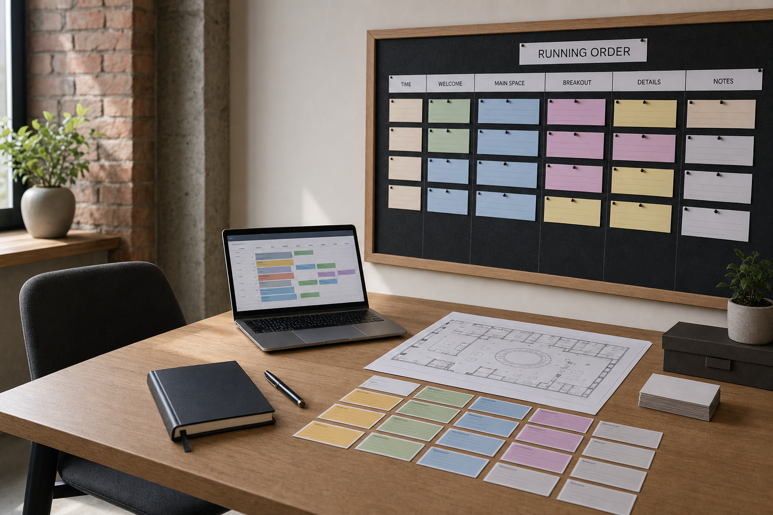 Office desk with a laptop displaying a calendar, a running order board, a notebook, a pen, and colourful cards for planning.