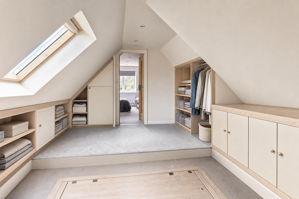 Spacious modern attic wardrobe with built-in wooden shelves, skylight, and view into a bedroom.