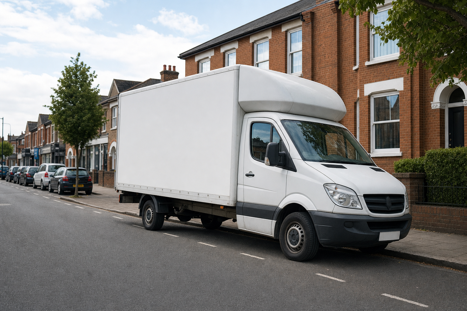 White delivery van parked on a residential street lined with brick houses.