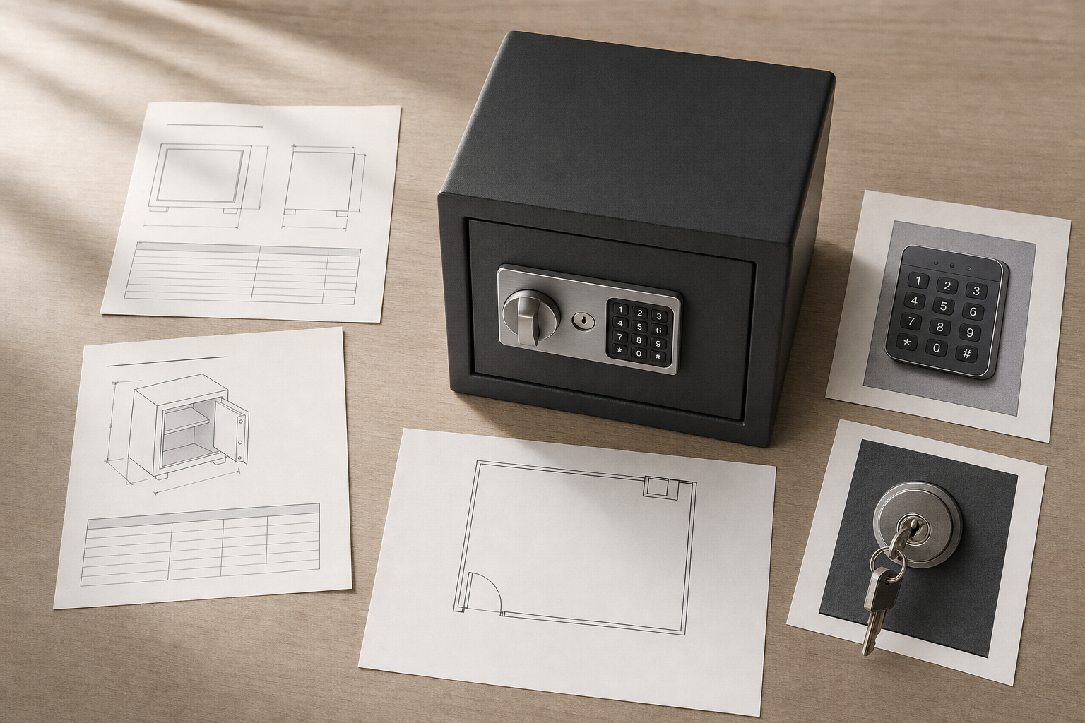 Small metal safe with a digital keypad surrounded by design blueprints and a key on a wooden surface.