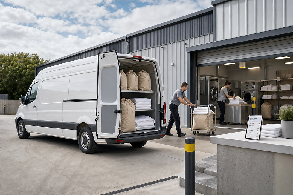 Two workers load a laundry van with clean linens outside an industrial laundry facility.