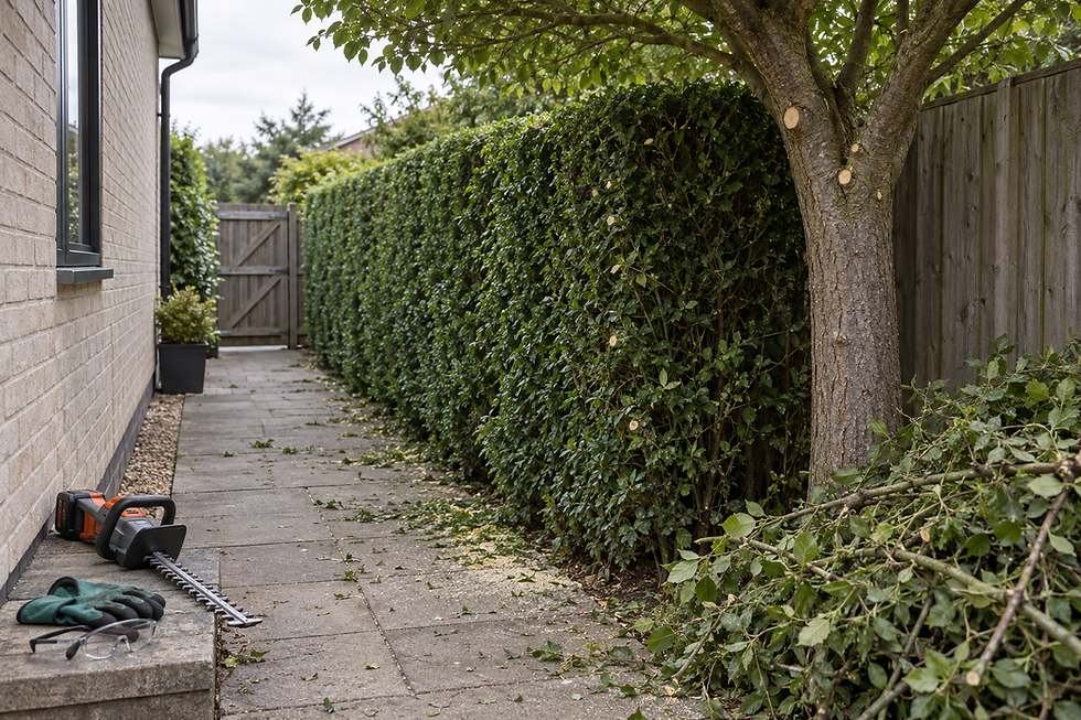 Trimmed hedges and tree branches beside a tool and gloves on a paved garden path.