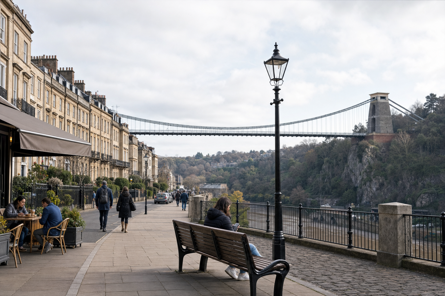 People walking and dining along a street with a view of a suspension bridge crossing a gorge in the background.