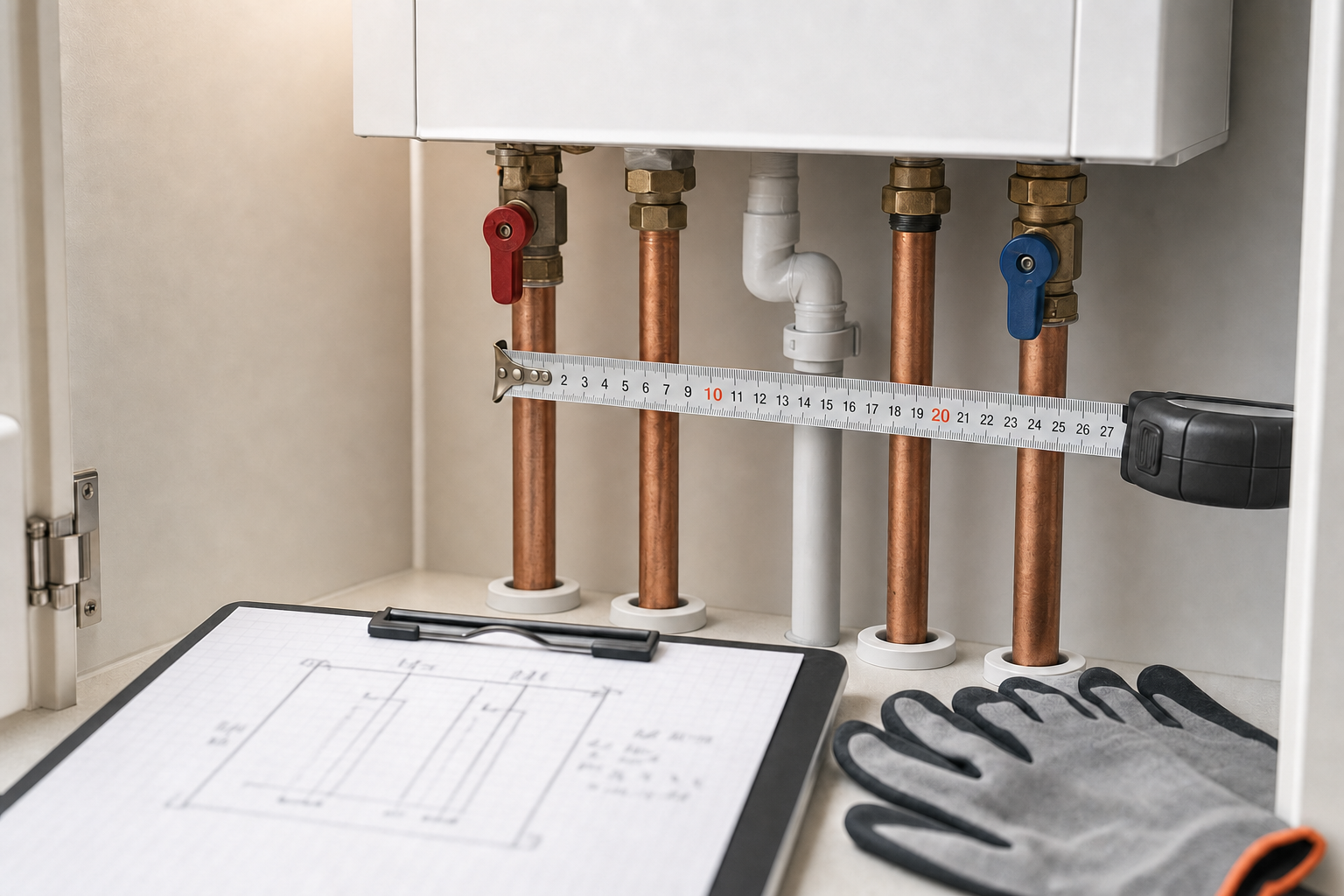 Plumbing pipes with attached tape measure in a cupboard, alongside a clipboard with diagrams and a pair of gloves.