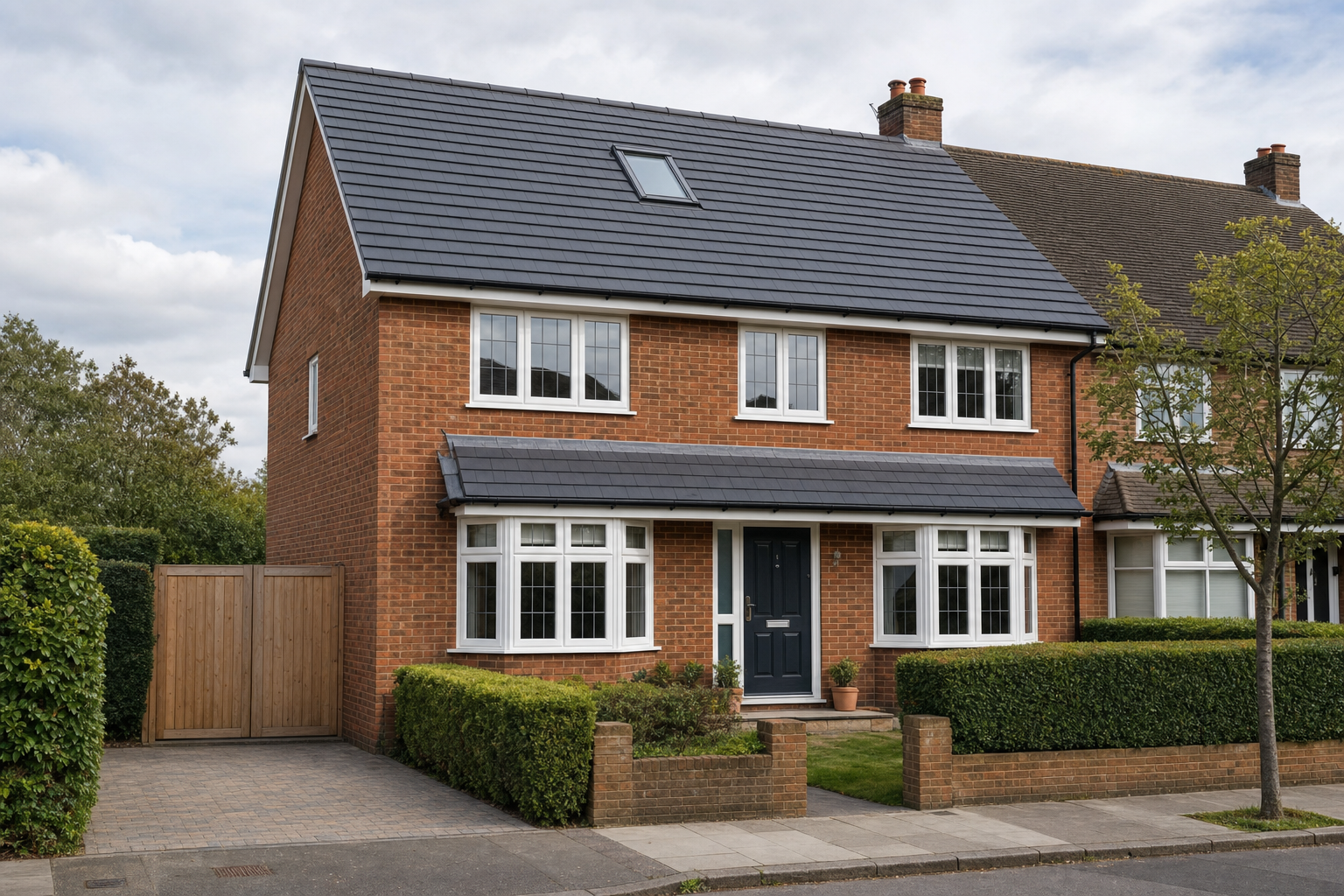 Brick two-storey house with a dark roof, bay windows, and a tidy front garden on a suburban street.