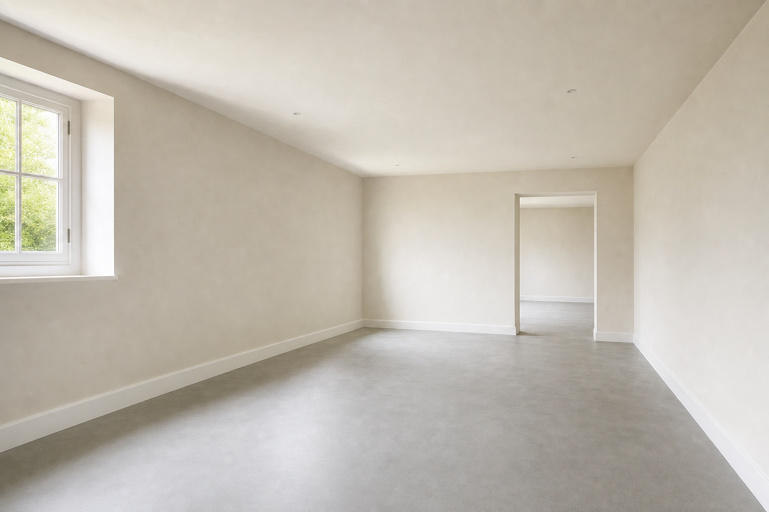 Spacious empty room with light grey flooring, cream walls, and a large window allowing natural light.
