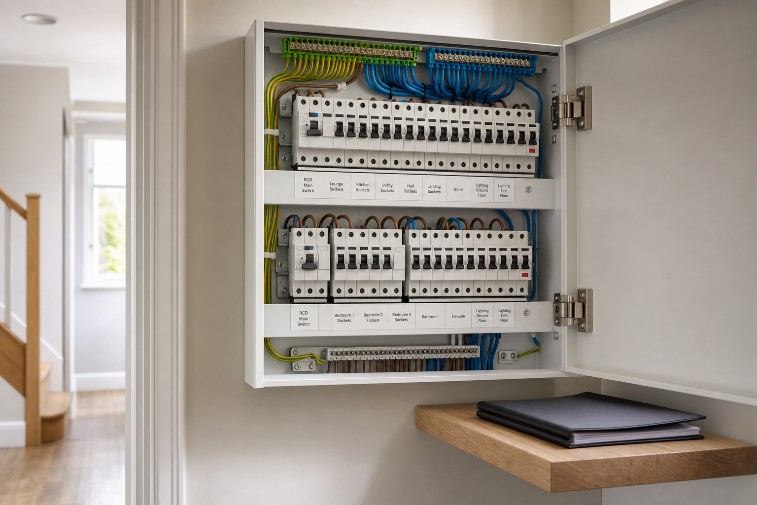 Electrical circuit board with labelled switches and wires, mounted on a wall beside a stairway entrance.
