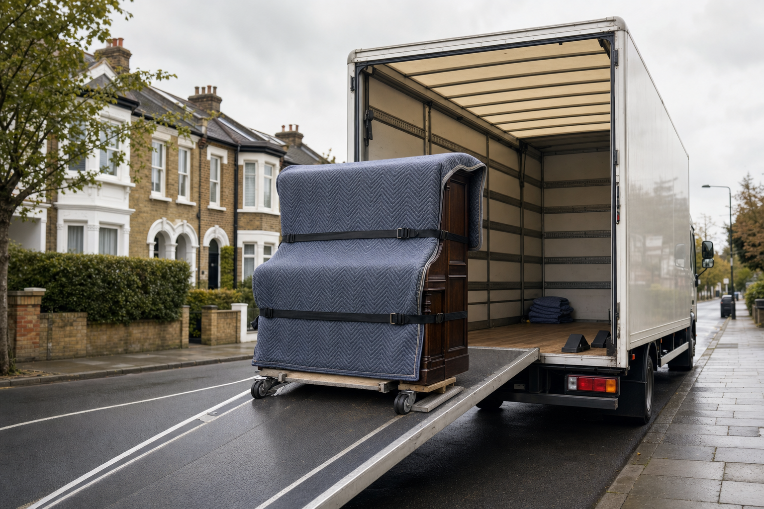 A covered piano is being loaded onto a lorry parked on a residential street.