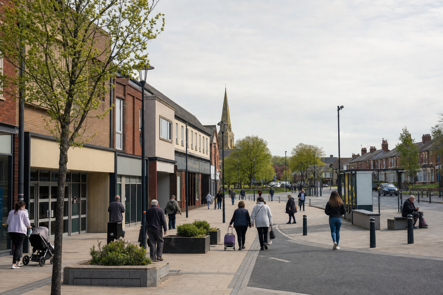 People walking along a pedestrianised town centre street with shops and a church spire in the distance.