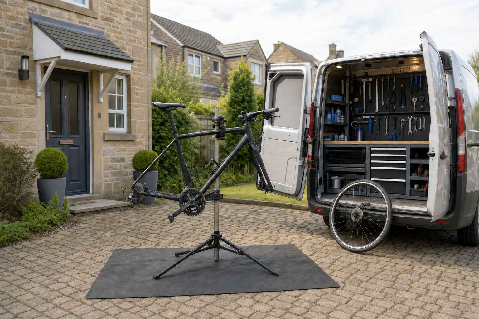 A bicycle is mounted on a repair stand next to a van equipped with tools on a residential driveway.