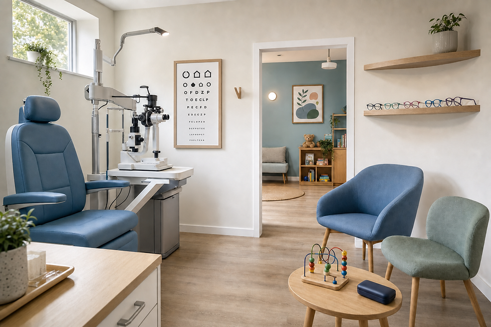Modern optician's office with an eye examination chair, vision chart, glasses display, and children's play area.
