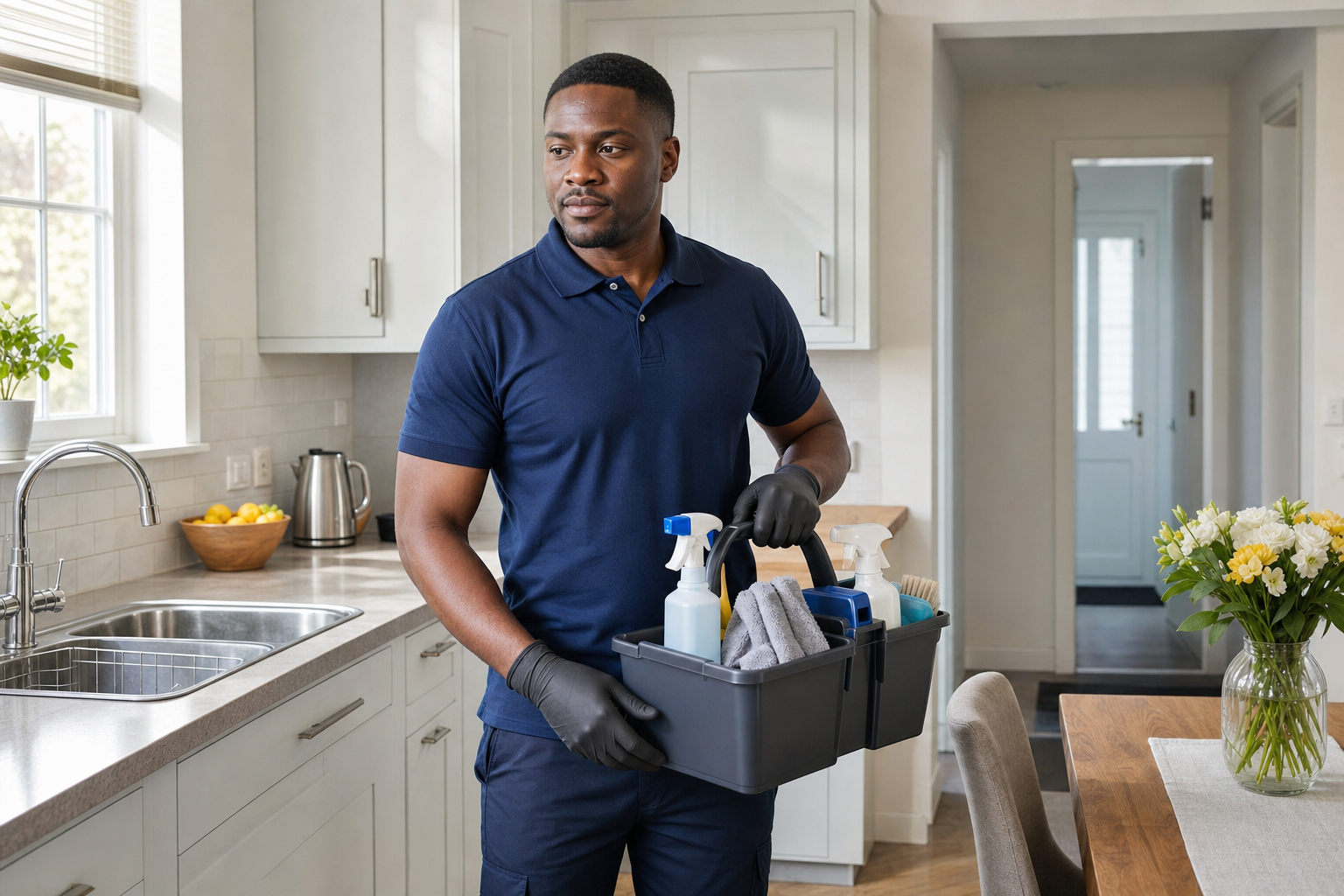 A man in a blue uniform holds a cleaning supplies caddy in a bright kitchen.