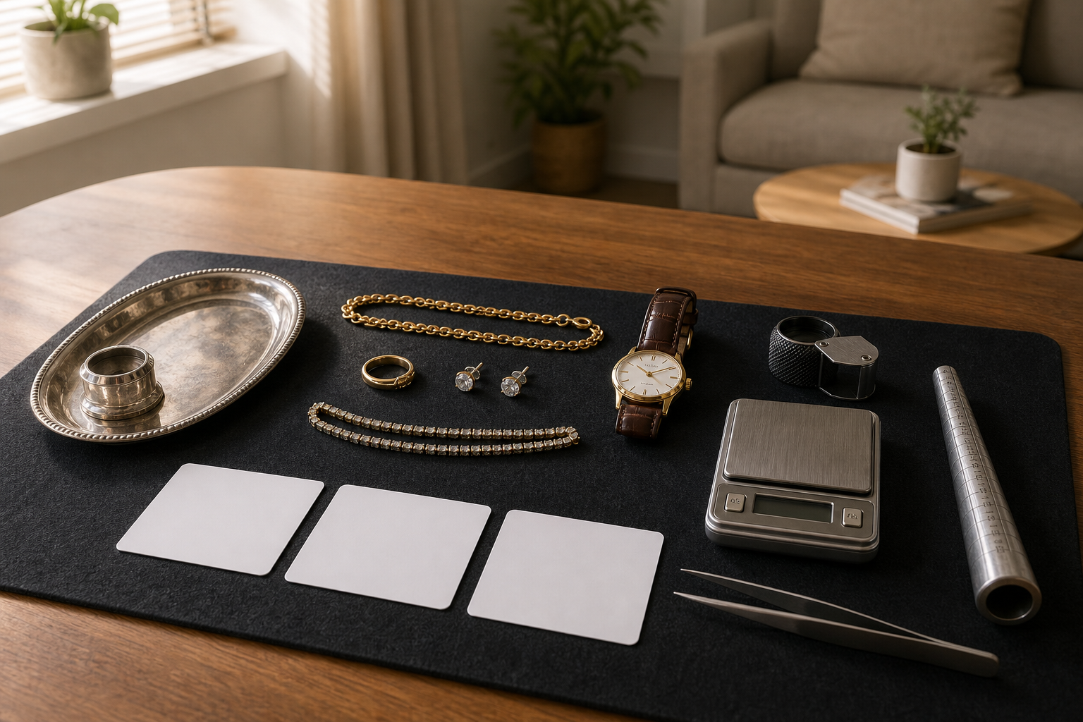 Assorted jewelry and tools arranged on a table, including a watch, chains, earrings, and a scale.