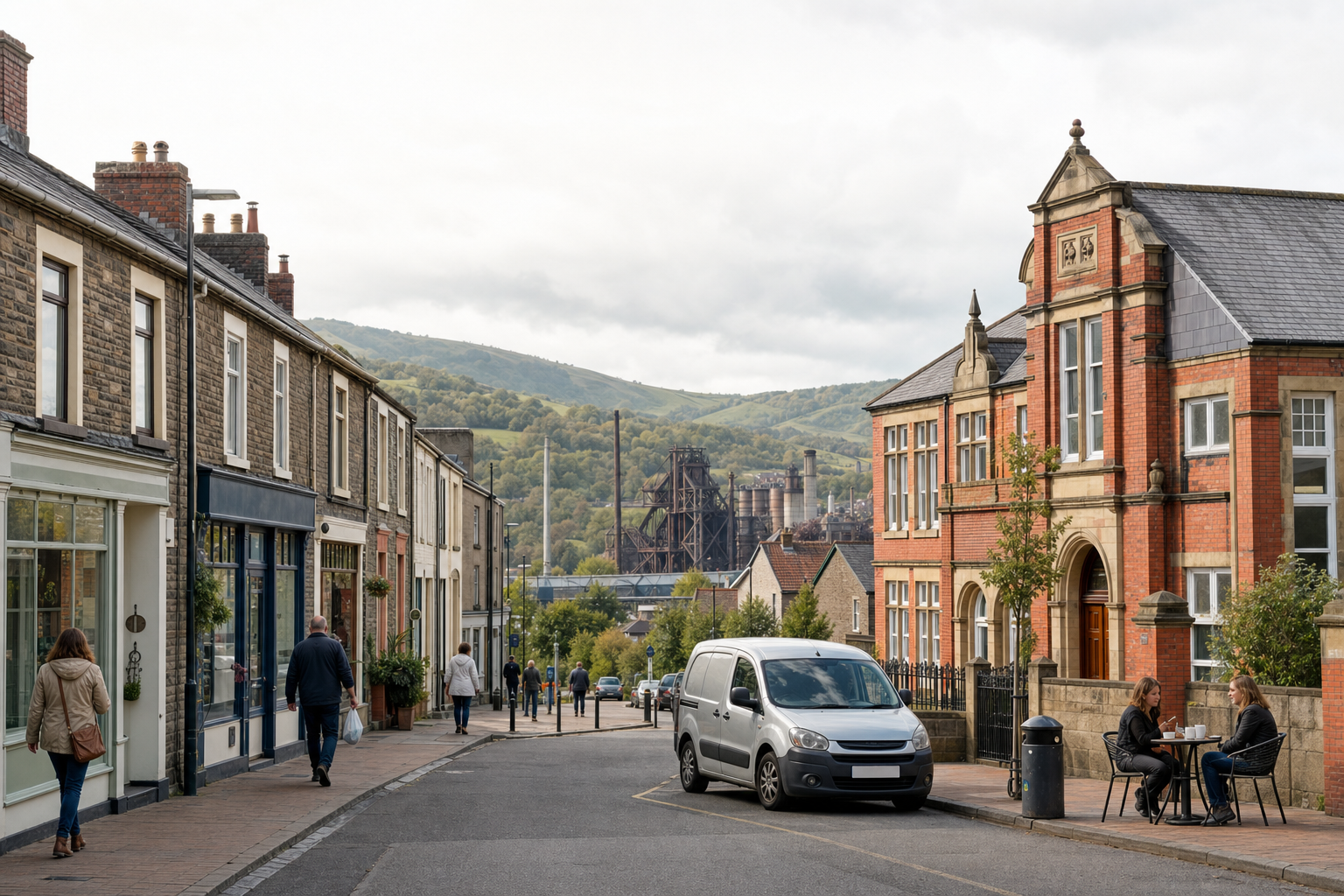 Street scene in a town with people walking, a parked van, and a historic building, against a backdrop of rolling hills.