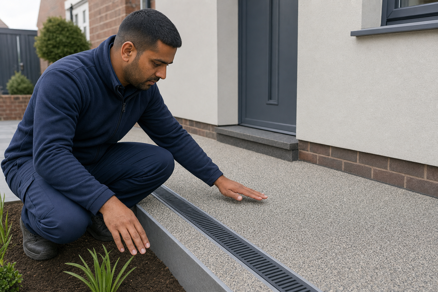 A man kneels to inspect a drainage grate on a smooth patio by a modern house entrance.