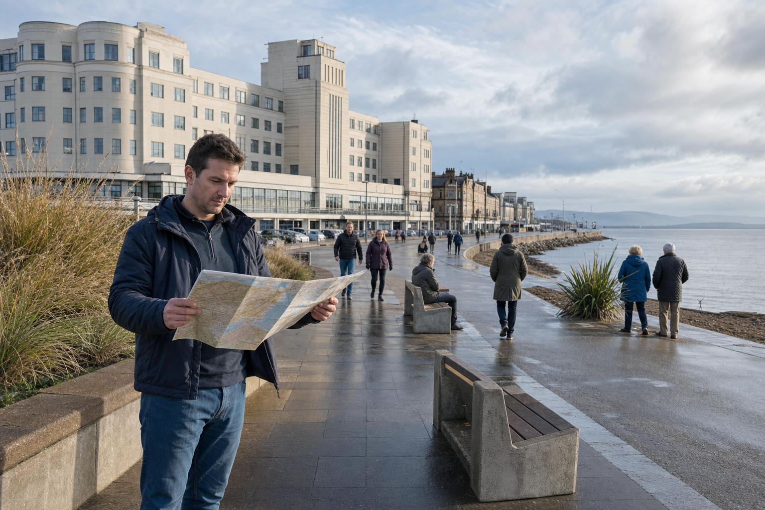 A man reads a map along a seaside promenade, with a large building and people walking in the background.