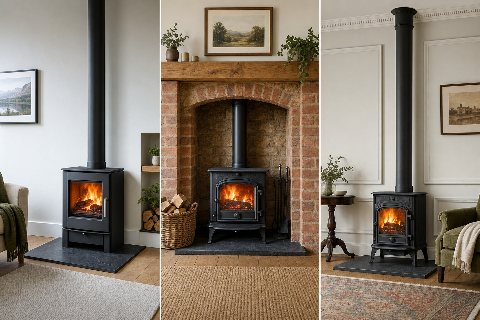 Three different styles of wood-burning stoves creating a cosy atmosphere in well-decorated living rooms.