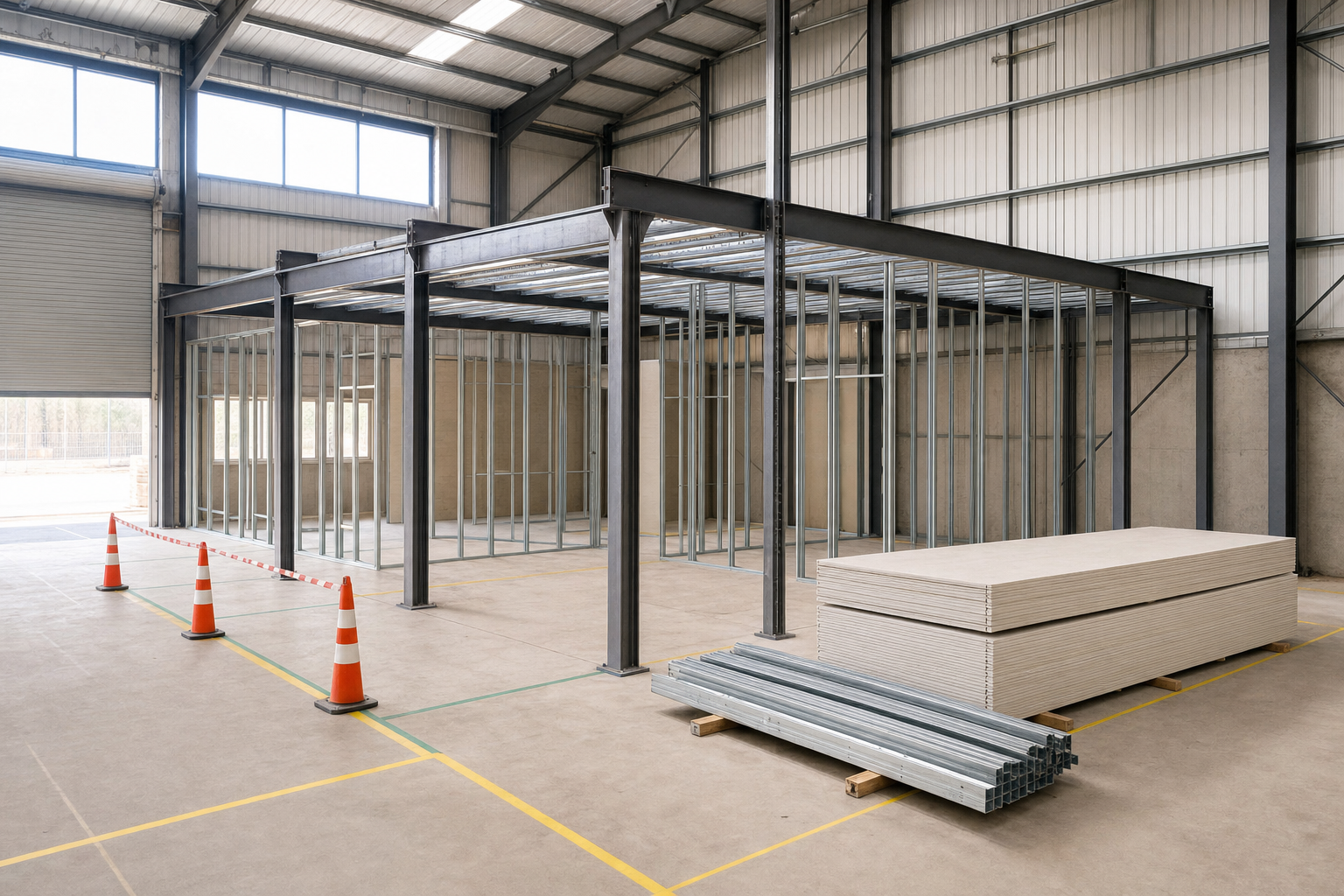 An unfinished industrial warehouse interior with metal framework, stack of drywall, and safety cones marking the area.