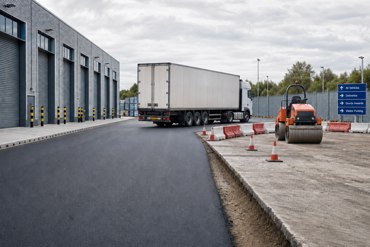 Lorry driving past a warehouse with roadworks and construction barriers visible.