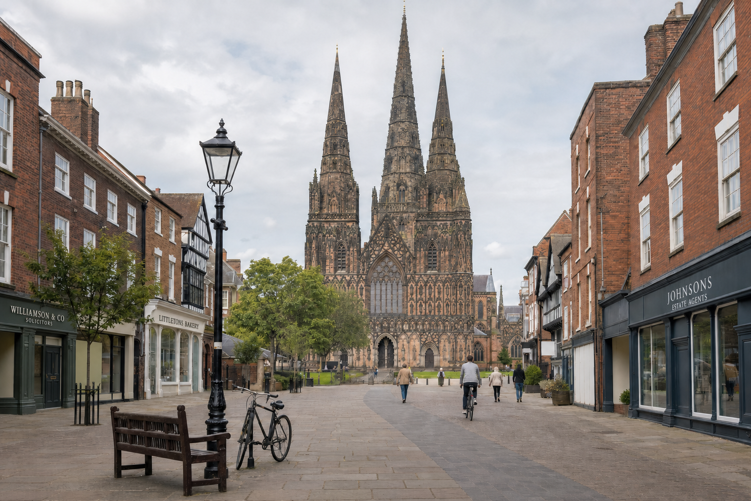 A historic cathedral with three spires towers over a pedestrian street lined with shops, featuring a bench and a bicycle.