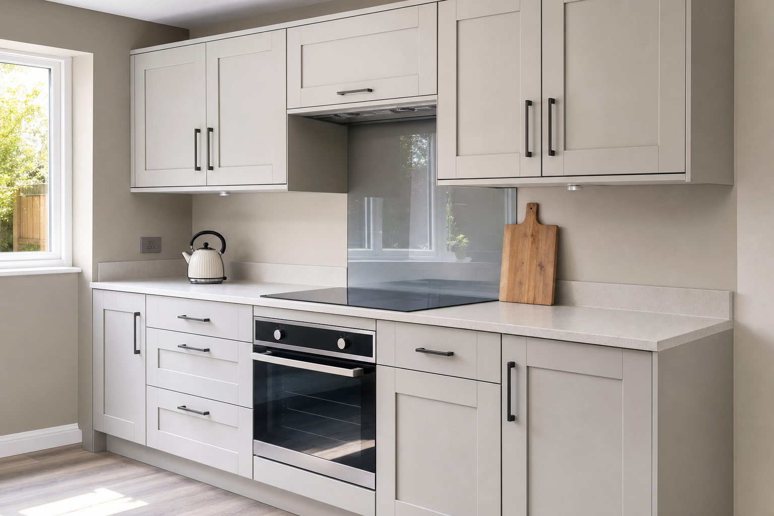 Modern kitchen with light grey cupboards, an electric hob, a white kettle, and a wooden chopping board.