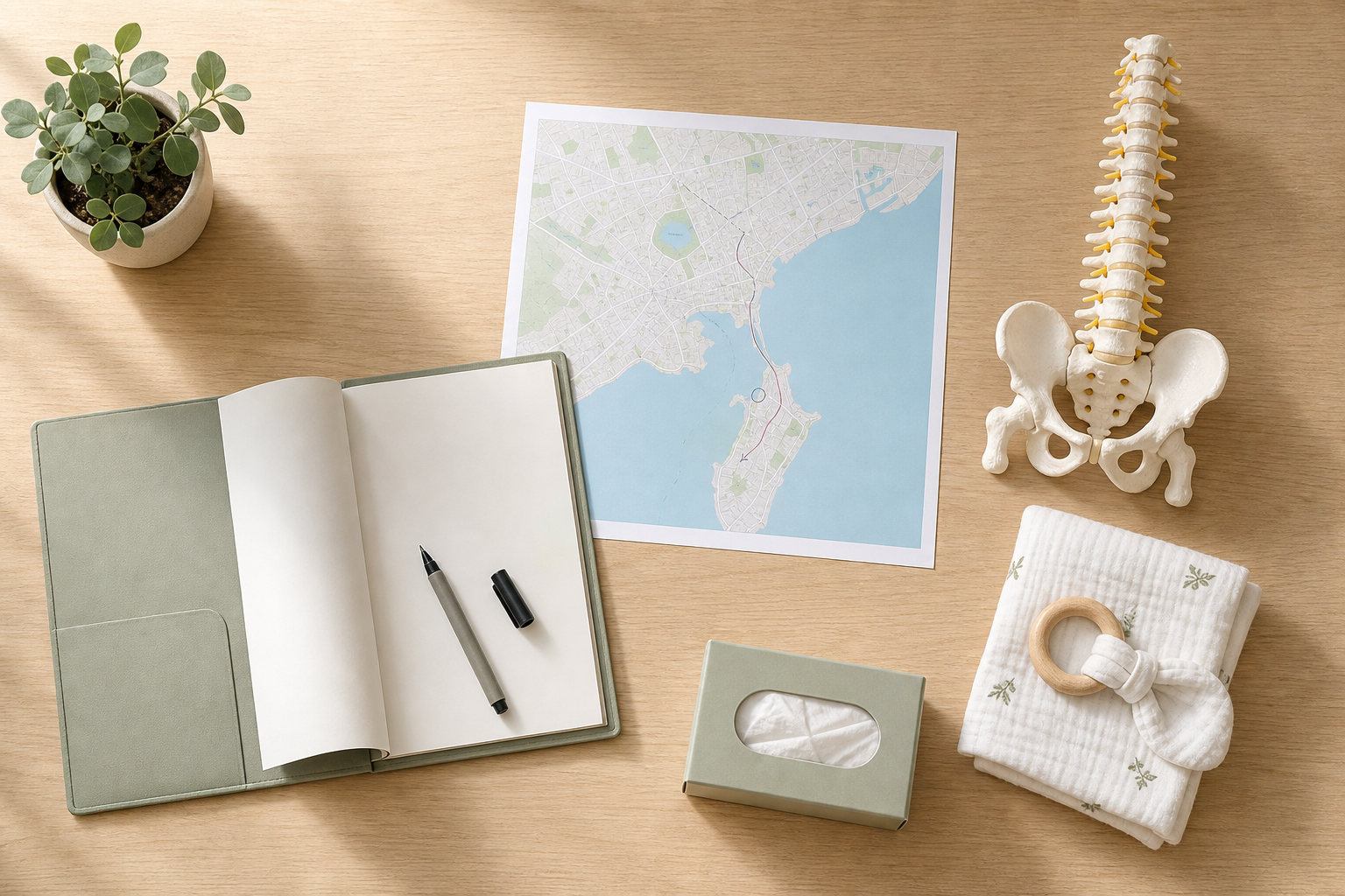 A desk with a map, an open notebook and pen, a model spine, a plant, tissues, and a folded cloth with a wooden ring.