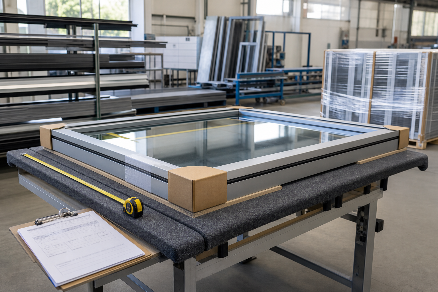 A large glass window is set on a table in a factory with a measuring tape and clipboard nearby.