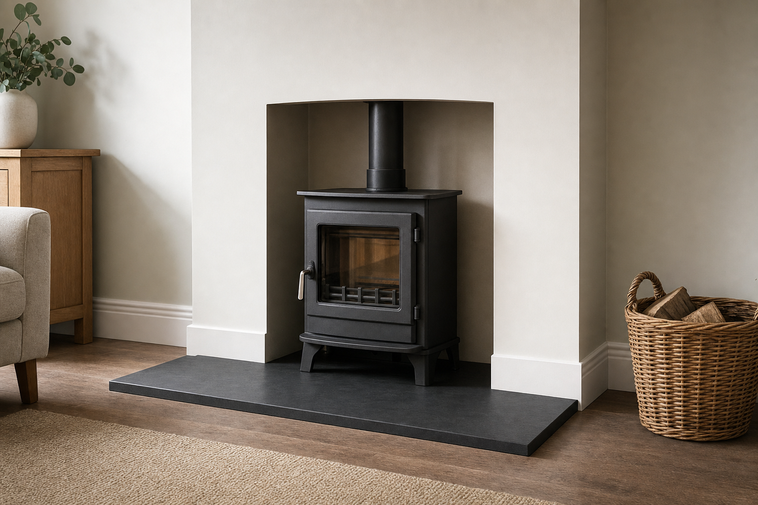 A black wood-burning stove set in a modern living room with a wicker basket of logs nearby.