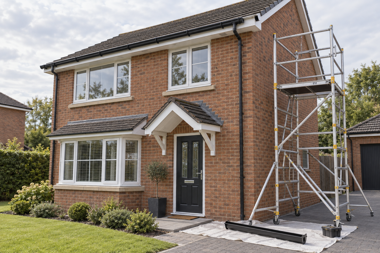 Two-storey brick house with scaffolding and renovation materials outside.